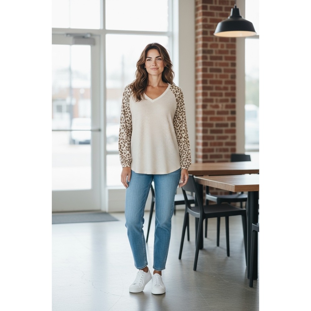 First Love Cream Leopard Sleeve Top Waffle‎ Knit V Neck Blouse Casual